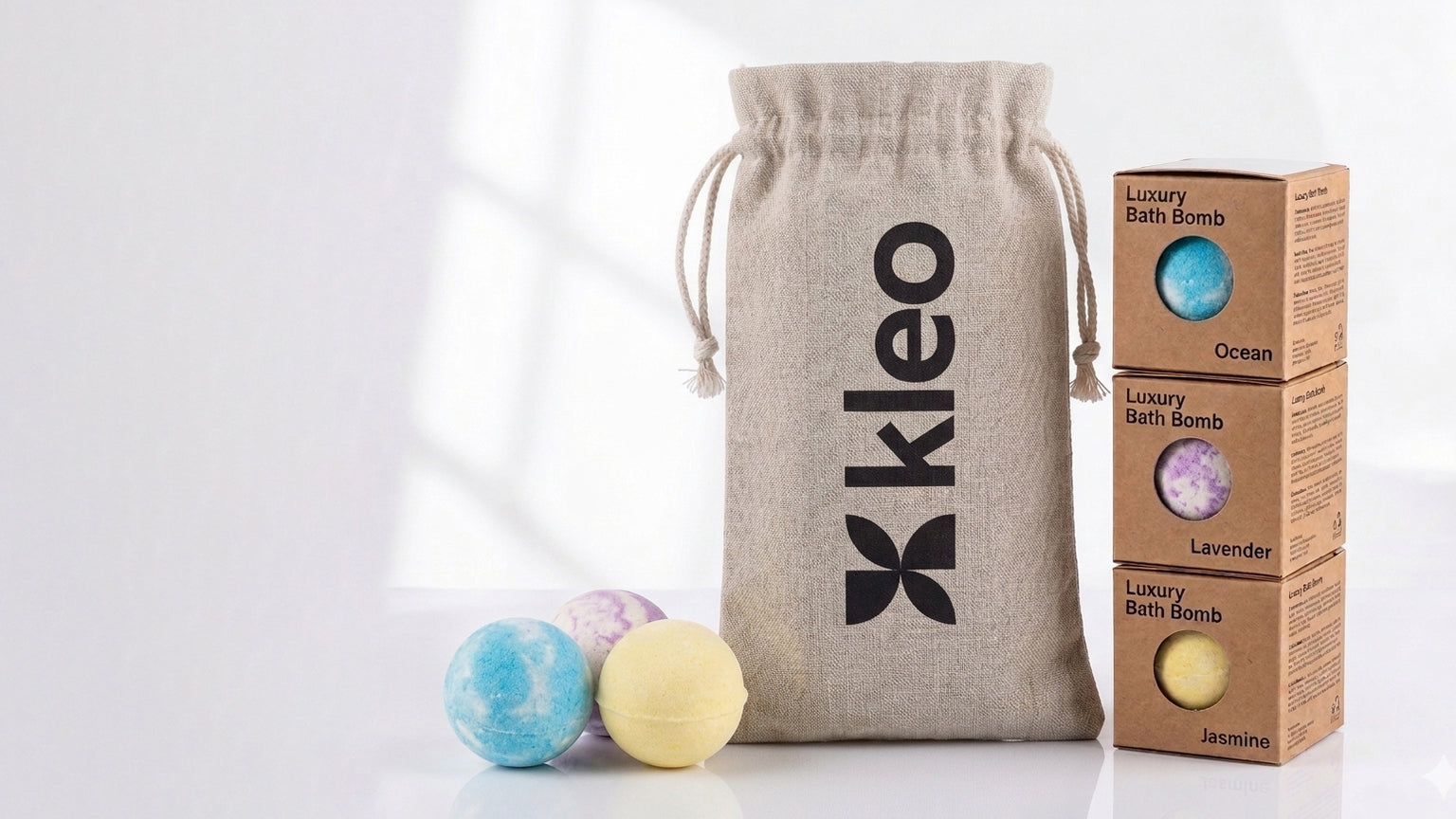 Kleo bath bomb set with drawstring bag and three scented bath bombs